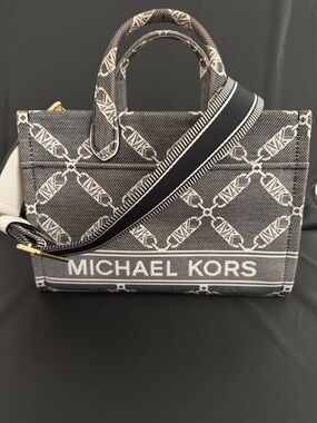 Michael Kors Black and White Logo Canvas Tote with Striped Strap